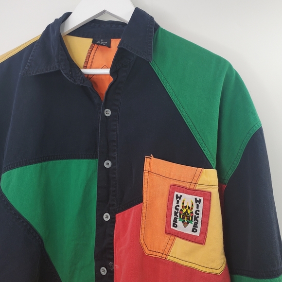 Vintage 80s Wicked Spirits of Peace Hip Hop Patchwork Denim Button Up - Picture 2 of 6